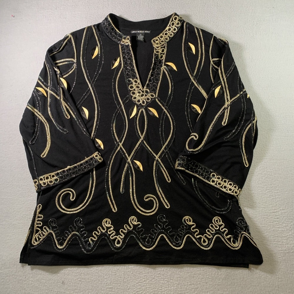 Vintage Lauren Michelle Embroidered Tunic Blouse Size 2XL Black Long Sleeve